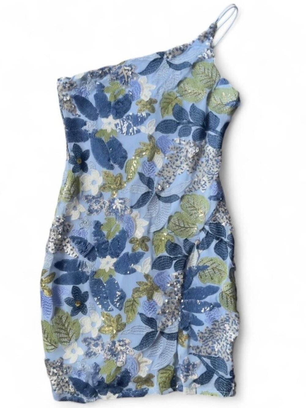 Blue floral one shoulder dress with sequins and beads. Size: M #party #floral
